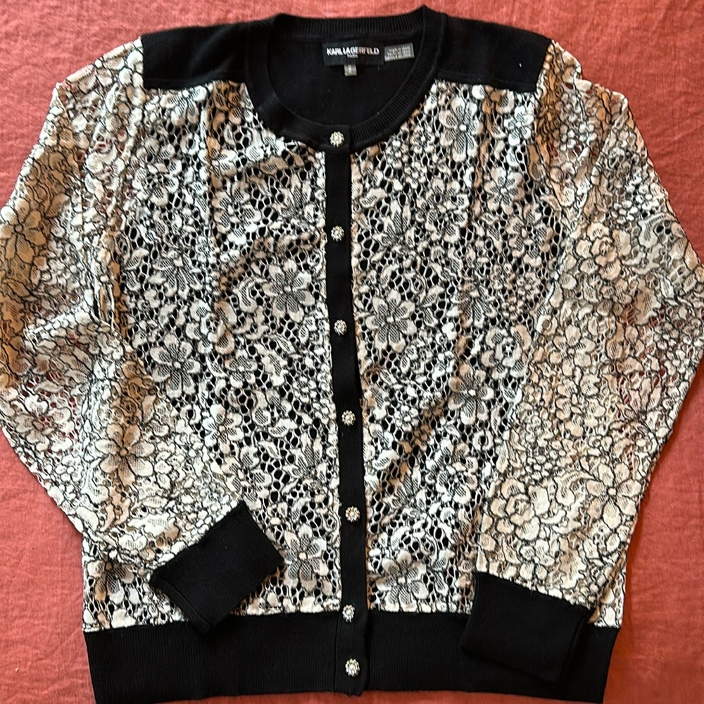 Karl Lagerfeld Cardigan, front and sleeves in white lace, back is solid black